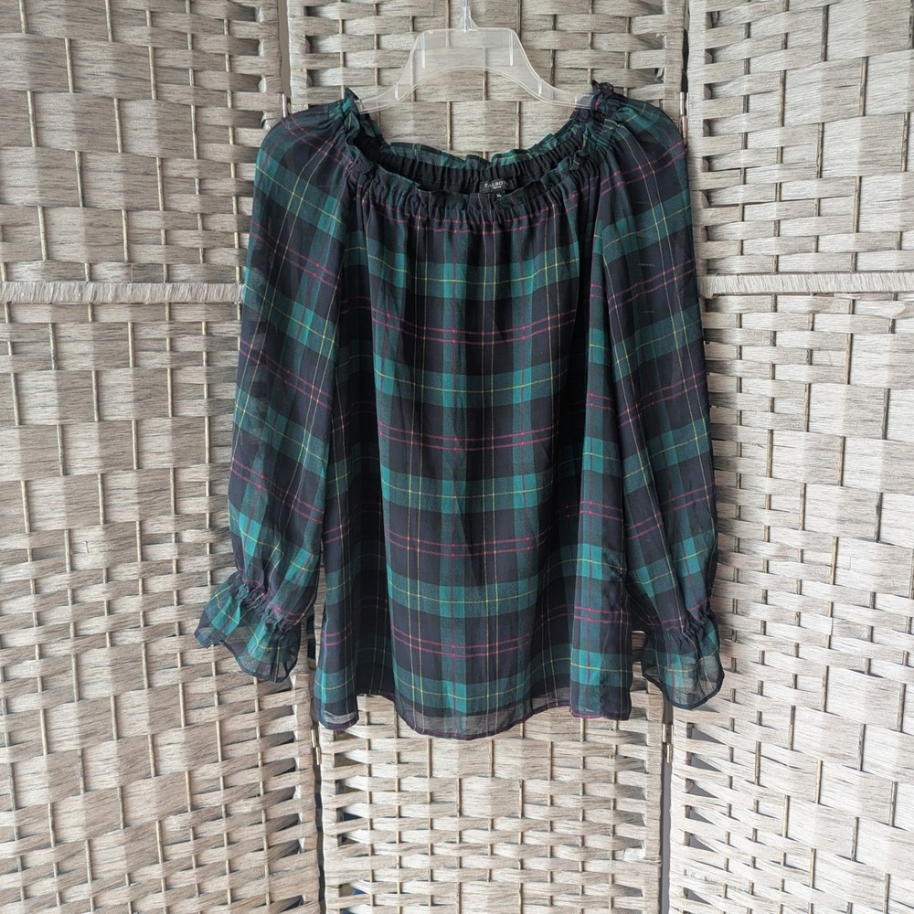 Talbots Blouse Green Plaid Off‎ Shoulder Smocked Ruffle Sz MP Preppy Festive EUC